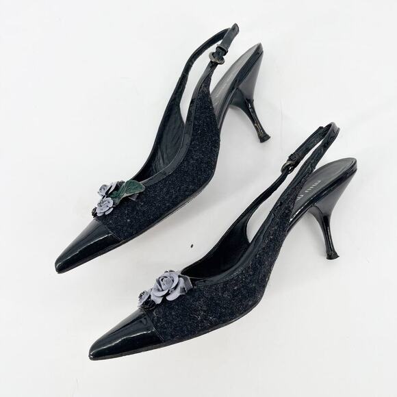 Miu Miu Vintage Charcoal Wool Black Cap Toe Floral Applique Slingback Heel IT 38 - Picture 4 of 13